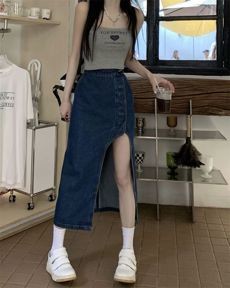 Asymmetrical Skirt Rise Midi Washed High Denim Pencil