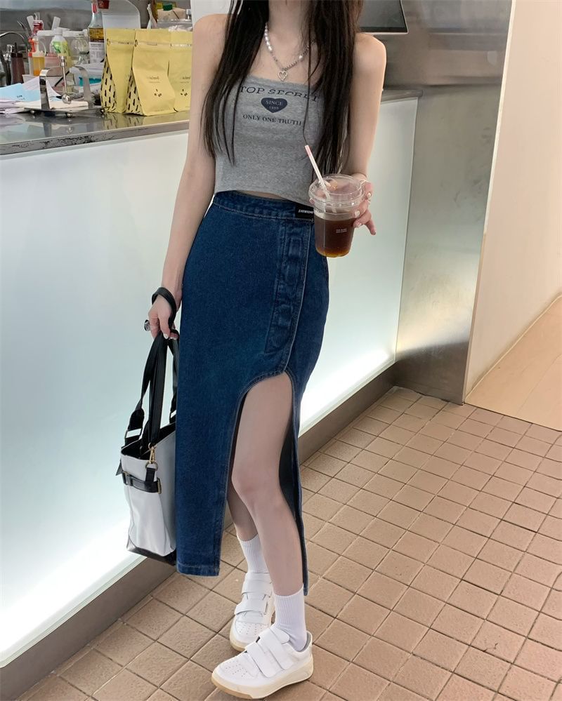 Asymmetrical Skirt Rise Midi Washed High Denim Pencil