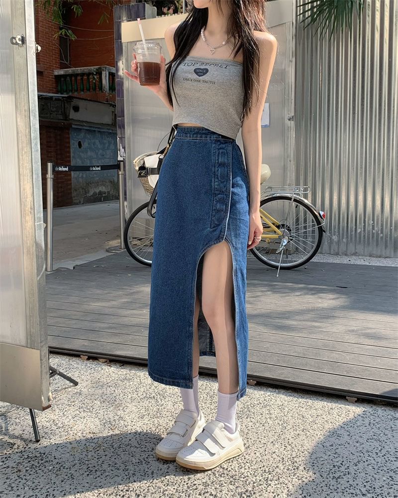 Asymmetrical Skirt Rise Midi Washed High Denim Pencil
