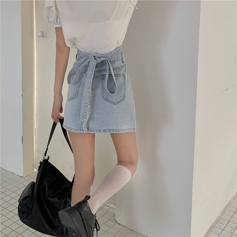 Denim Tie Mini Skirt Back A-Line Rise High Washed