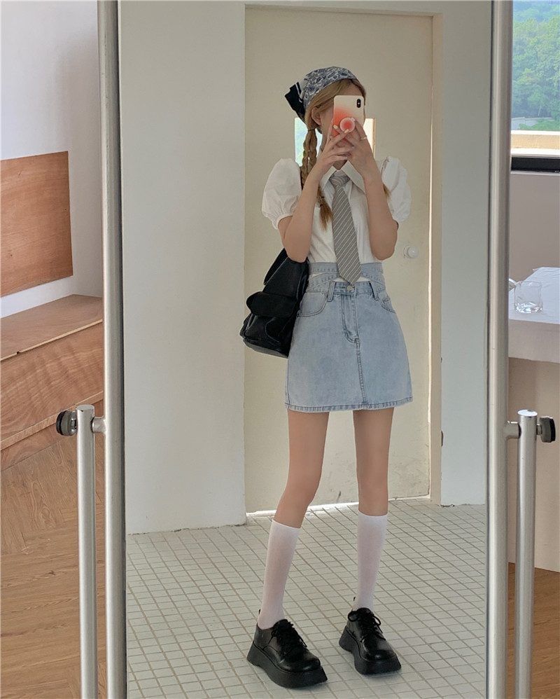 Denim Tie Mini Skirt Back A-Line Rise High Washed