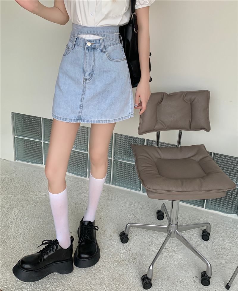 Denim Tie Mini Skirt Back A-Line Rise High Washed