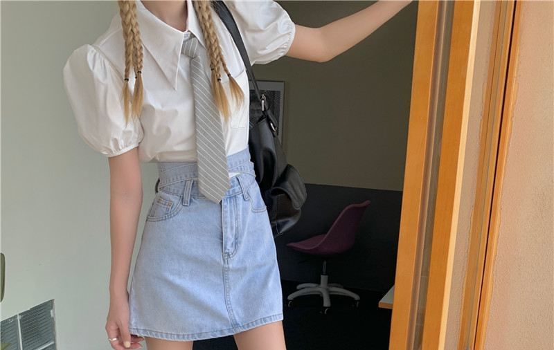 Denim Tie Mini Skirt Back A-Line Rise High Washed