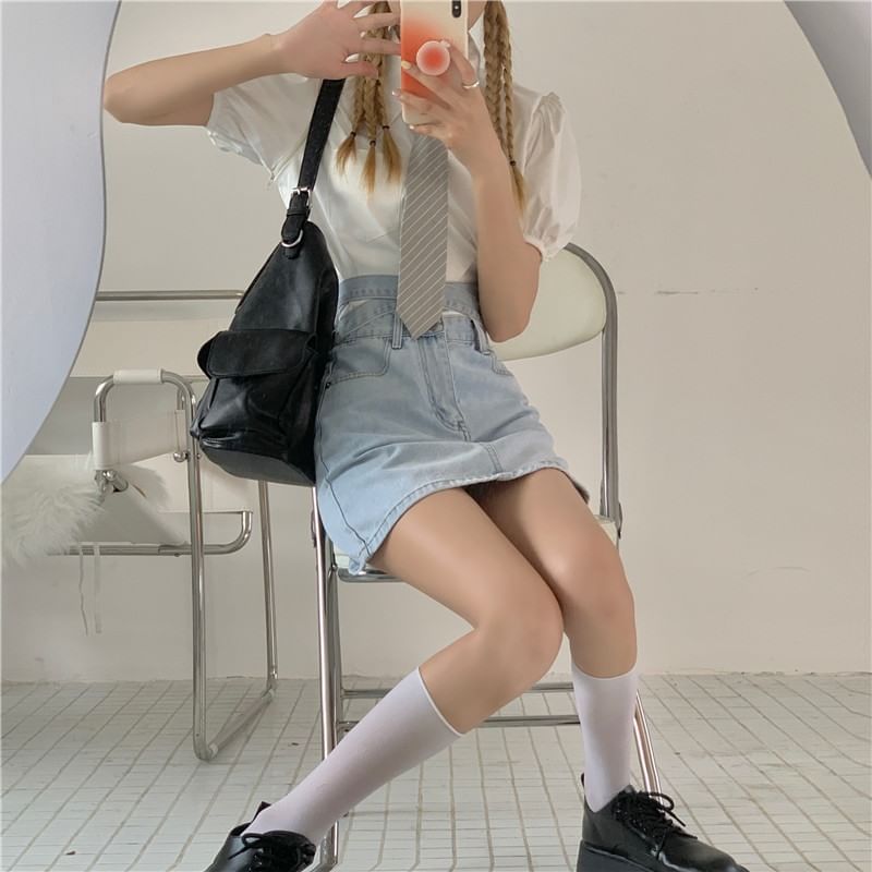Denim Tie Mini Skirt Back A-Line Rise High Washed