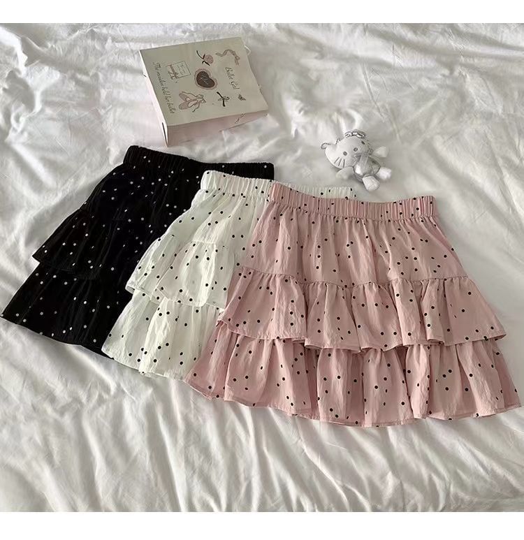 A-Line Waist Dotted Mini Skirt Ruffle Elastic