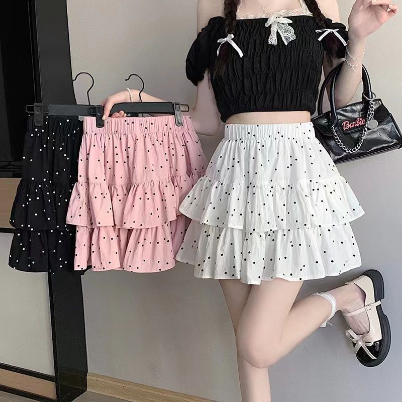 A-Line Waist Dotted Mini Skirt Ruffle Elastic