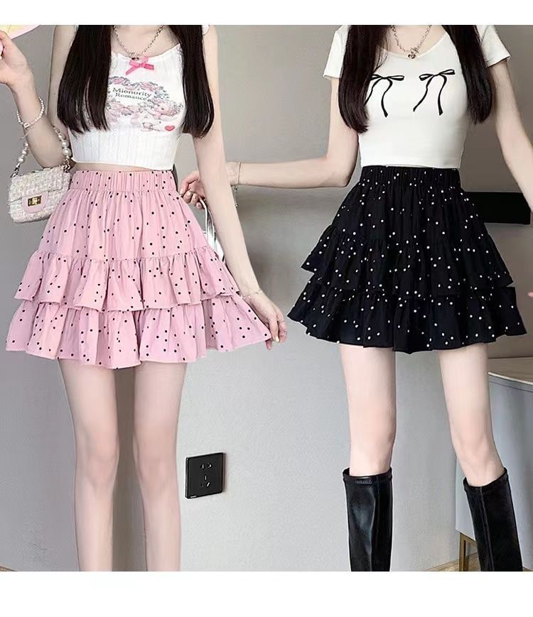 A-Line Waist Dotted Mini Skirt Ruffle Elastic