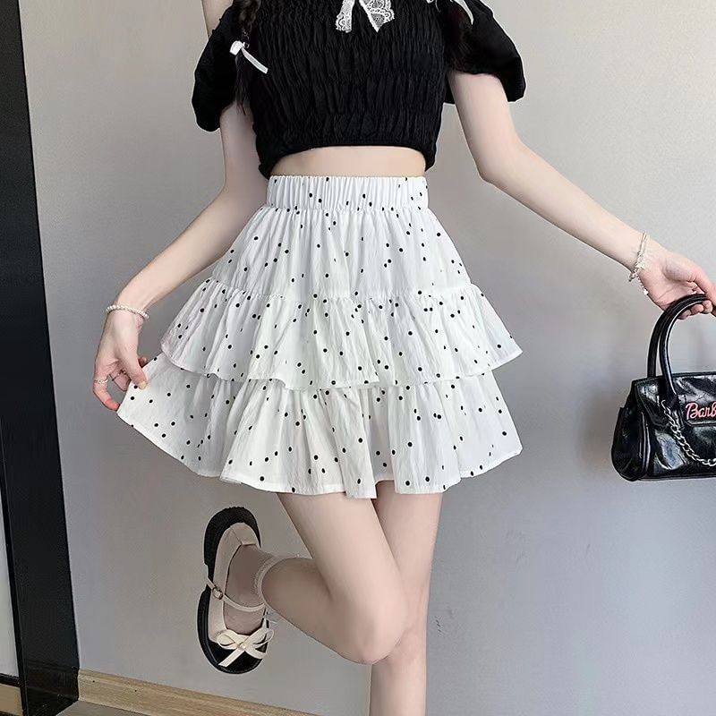 A-Line Waist Dotted Mini Skirt Ruffle Elastic