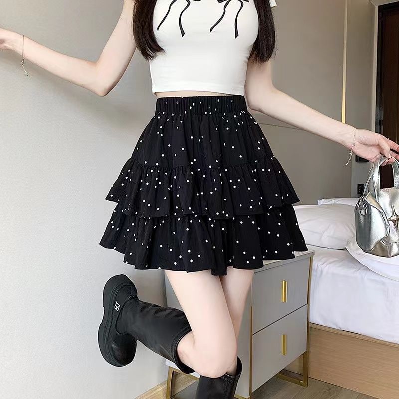 A-Line Waist Dotted Mini Skirt Ruffle Elastic