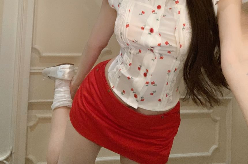 Floral Mini / Pencil Puff-Sleeve Skirt Plain Mid Rise Shirt