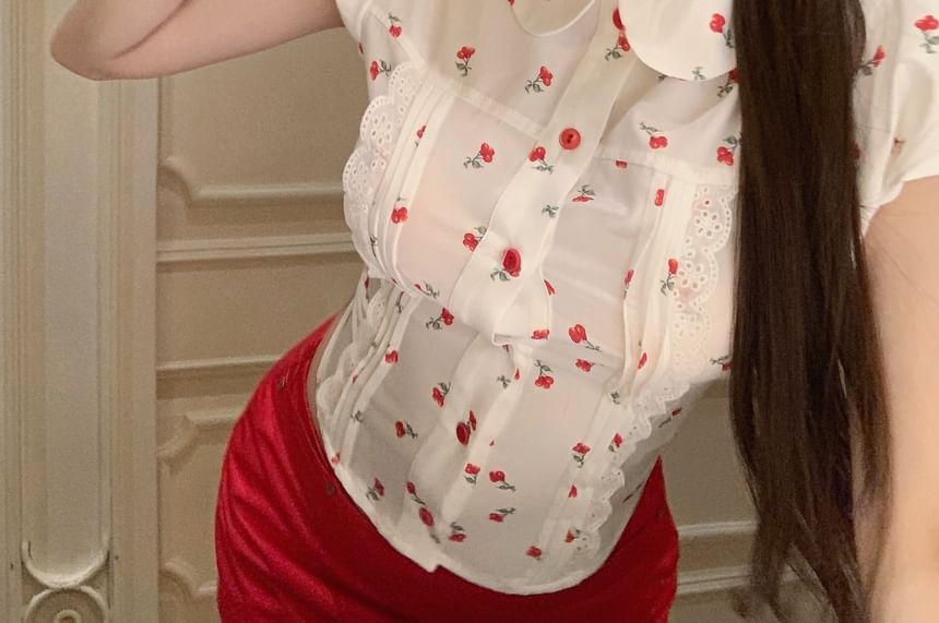 Floral Mini / Pencil Puff-Sleeve Skirt Plain Mid Rise Shirt