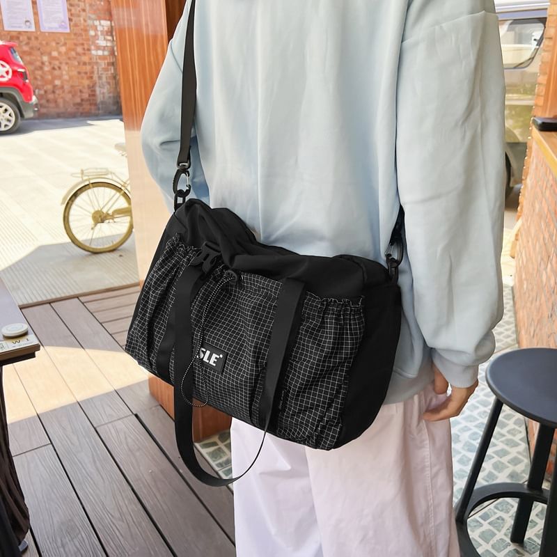 Crossbody Buckled Panel Bag Plaid Drawstring