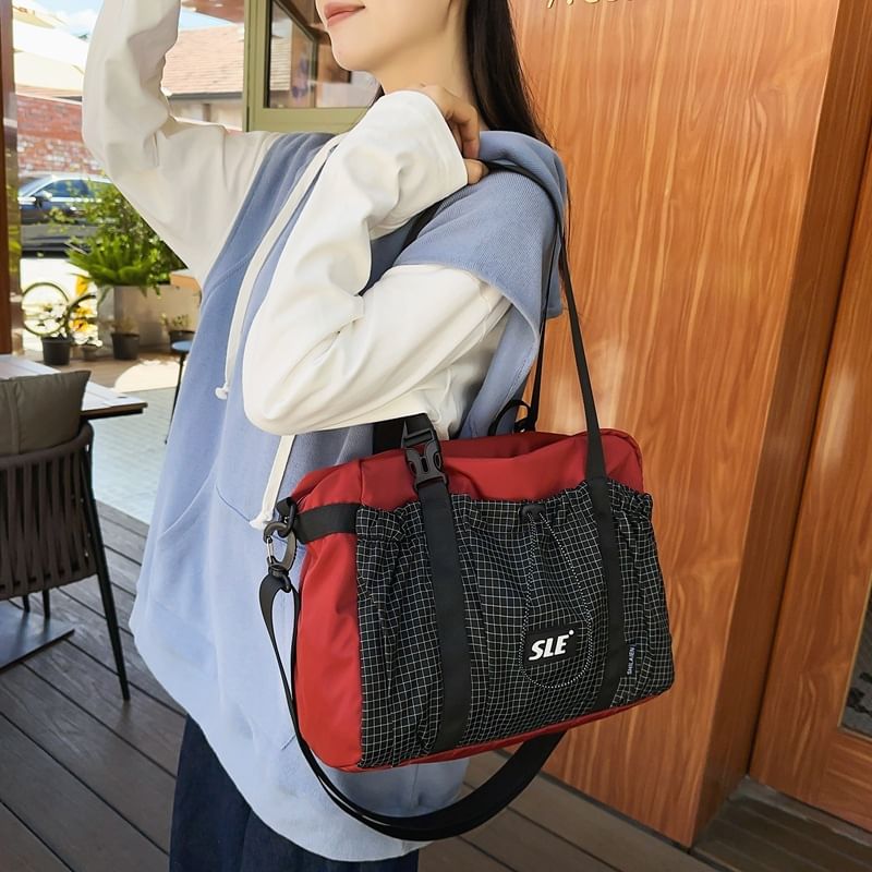 Crossbody Buckled Panel Bag Plaid Drawstring