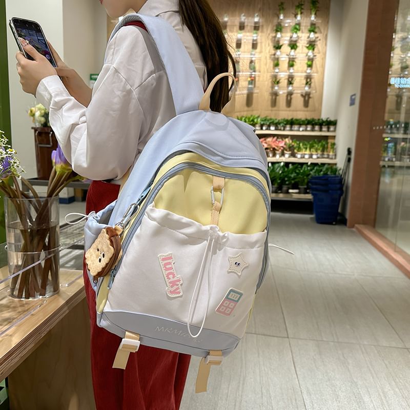 Drawstring Color Block Backpack Letter Embroidered