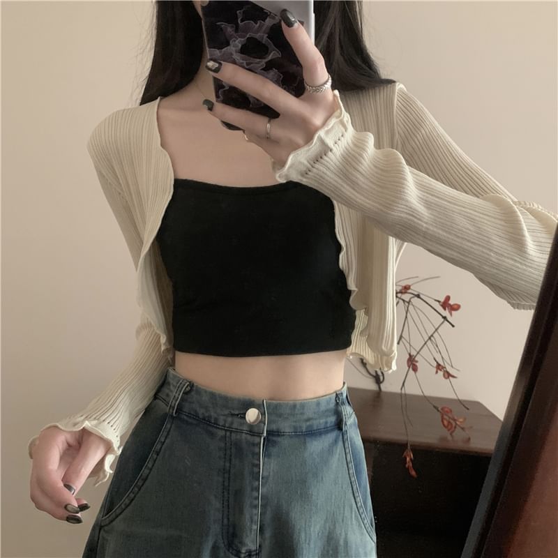 Edge Open Plain Crop Lettuce Front Cardigan