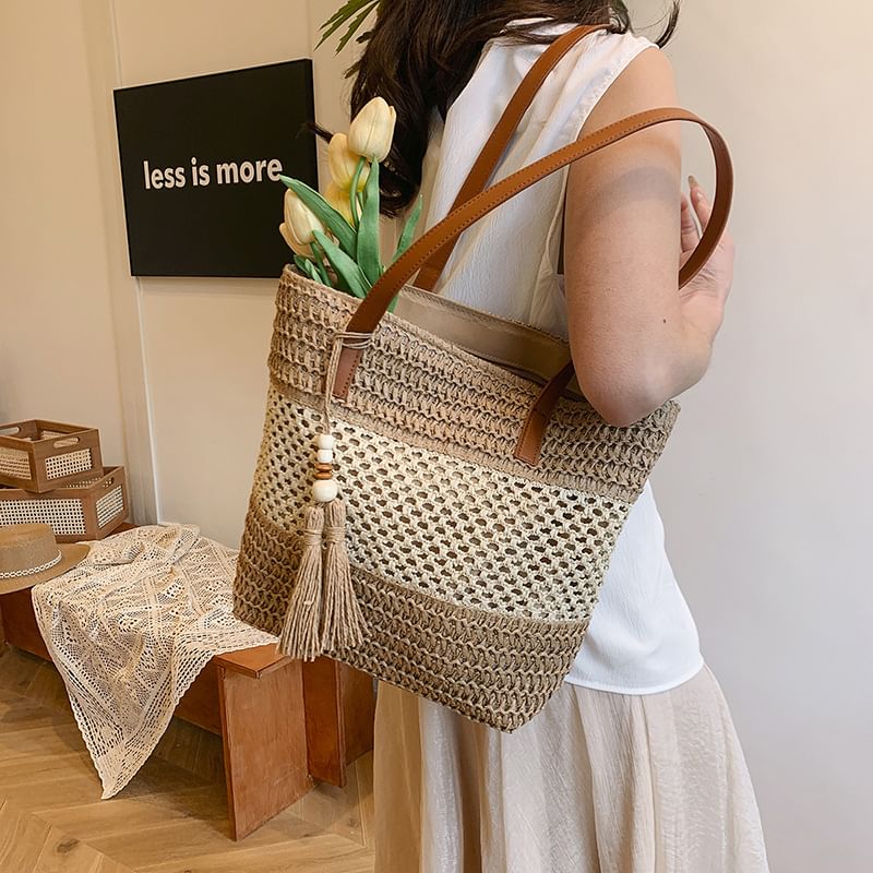 Two-Tone Tassel Tote Woven Bag