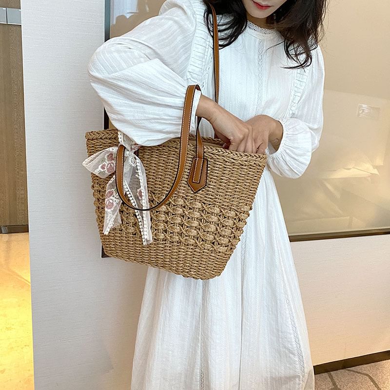 Embroidered Floral Bow Lace Tote Bag Woven