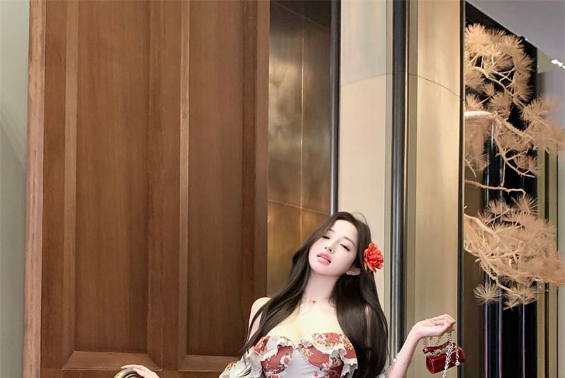 Designs) Bodycon (Various Flower Shoulder Dress Print Off