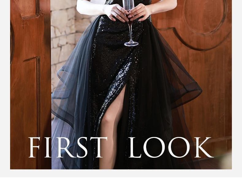 Spaghetti Strap Sequin Ruffle Side-Slit A-Line Evening Gown