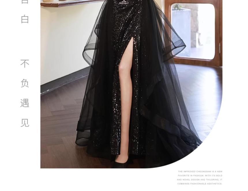 Spaghetti Strap Sequin Ruffle Side-Slit A-Line Evening Gown