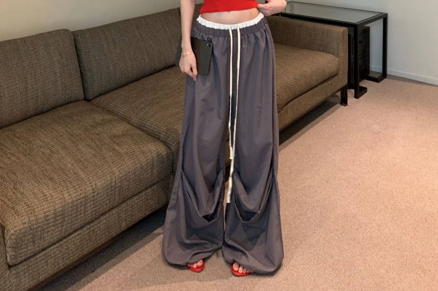 Lettering Contrast Leg Top Trim / Camisole Waist Crop Print Drawstring Wide Pants