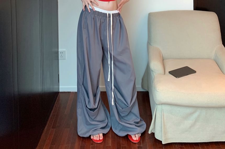 Lettering Contrast Leg Top Trim / Camisole Waist Crop Print Drawstring Wide Pants
