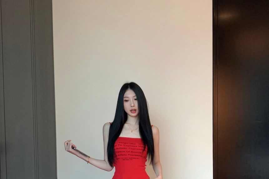 Lettering Contrast Leg Top Trim / Camisole Waist Crop Print Drawstring Wide Pants