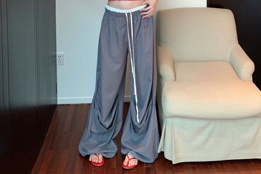 Lettering Contrast Leg Top Trim / Camisole Waist Crop Print Drawstring Wide Pants