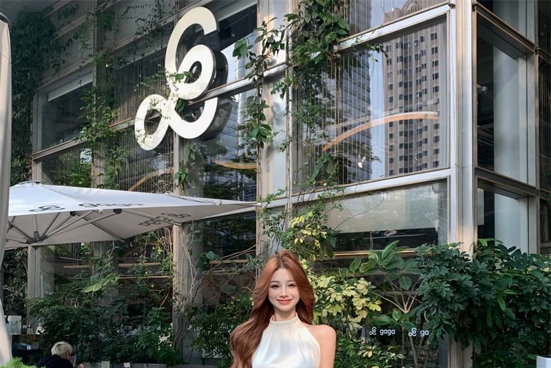 Sleeveless Wide Rise Plain Pants High Halter Crop Leg / Neck Top