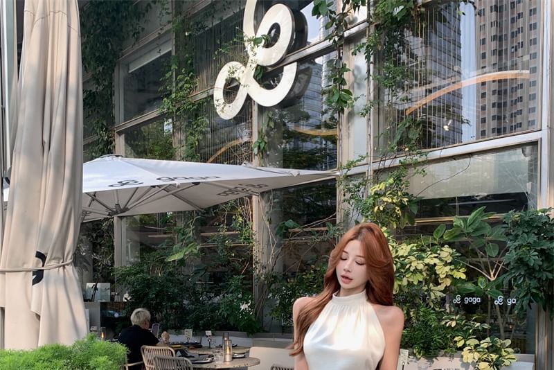 Sleeveless Wide Rise Plain Pants High Halter Crop Leg / Neck Top