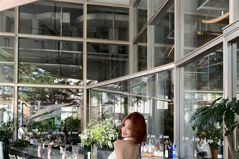 Sleeveless Wide Rise Plain Pants High Halter Crop Leg / Neck Top