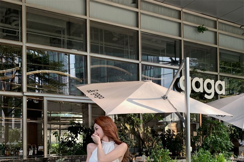 Sleeveless Wide Rise Plain Pants High Halter Crop Leg / Neck Top