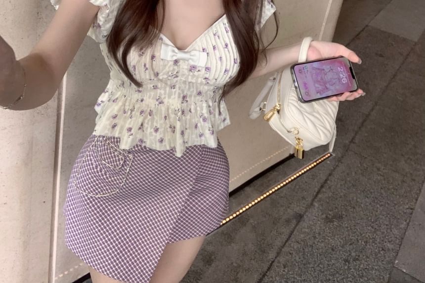 Skirt Cropped Rise High Plaid Asymmetrical Floral Pencil / Blouse Peplum Puff-Sleeve Bow Mini