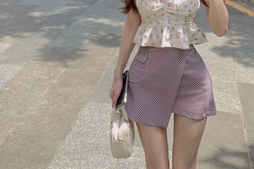Skirt Cropped Rise High Plaid Asymmetrical Floral Pencil / Blouse Peplum Puff-Sleeve Bow Mini