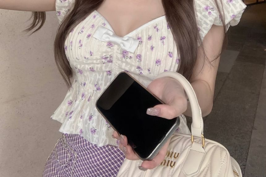 Skirt Cropped Rise High Plaid Asymmetrical Floral Pencil / Blouse Peplum Puff-Sleeve Bow Mini