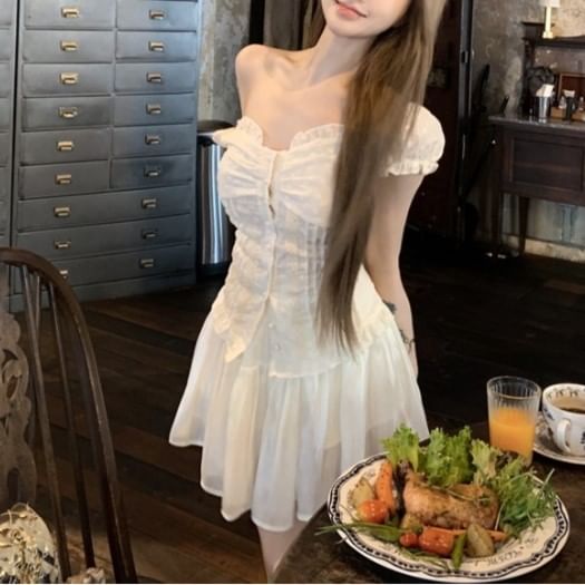 Slim Short-Sleeve High Mini / Skirt Fit A-Line Blouse Panel Waist Lace