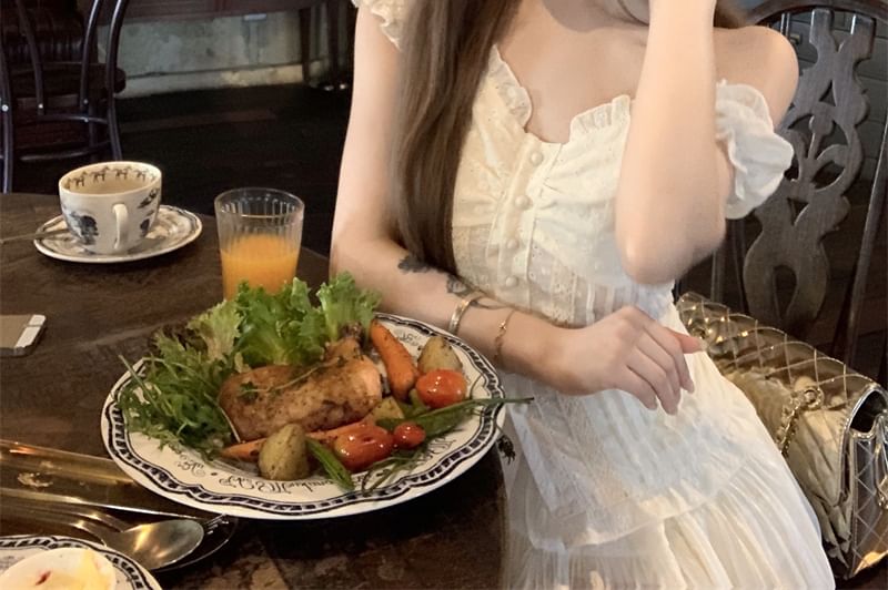 Slim Short-Sleeve High Mini / Skirt Fit A-Line Blouse Panel Waist Lace