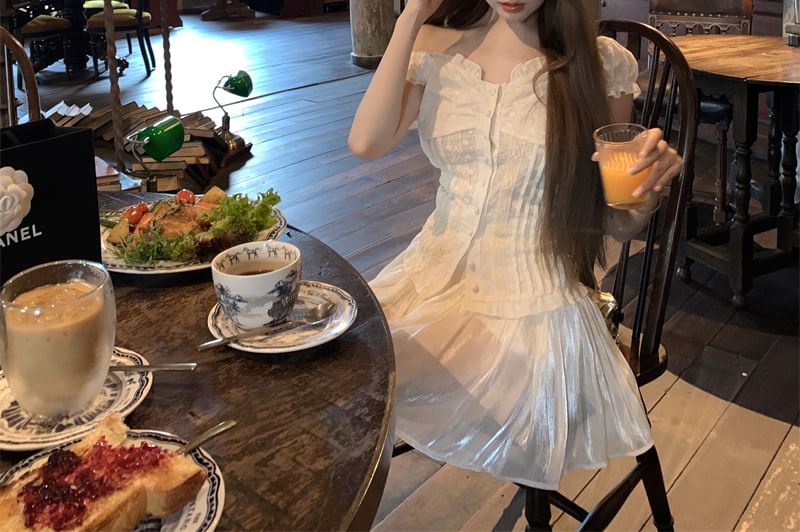 Slim Short-Sleeve High Mini / Skirt Fit A-Line Blouse Panel Waist Lace