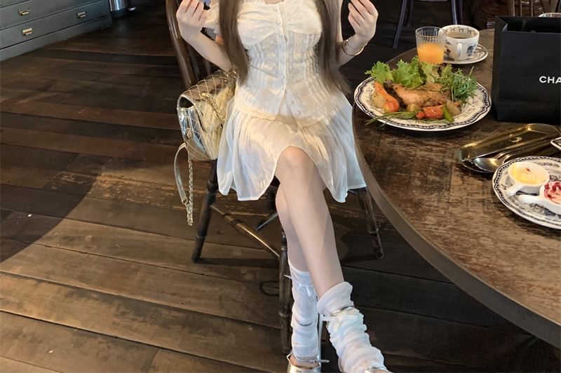 Slim Short-Sleeve High Mini / Skirt Fit A-Line Blouse Panel Waist Lace