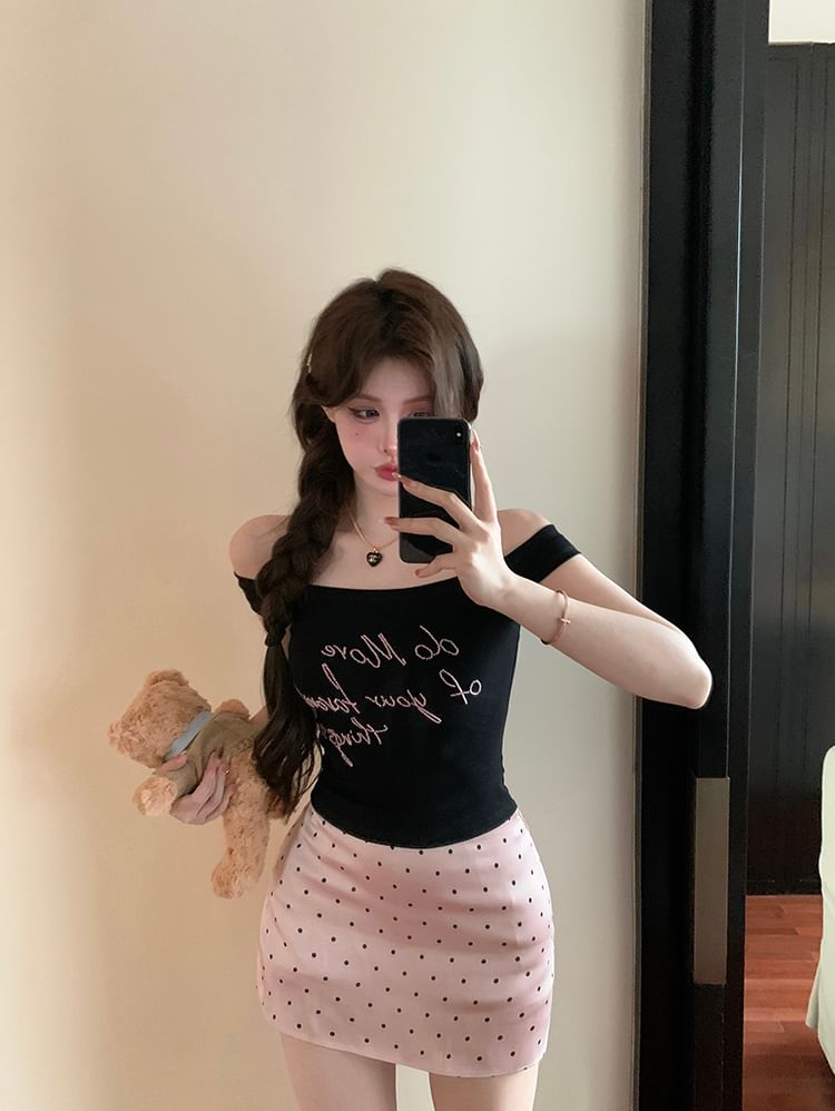 Slim Skirt Fit High Pencil Off-Shoulder Waist Tank Mini Lettering Top Embroidered Dotted /