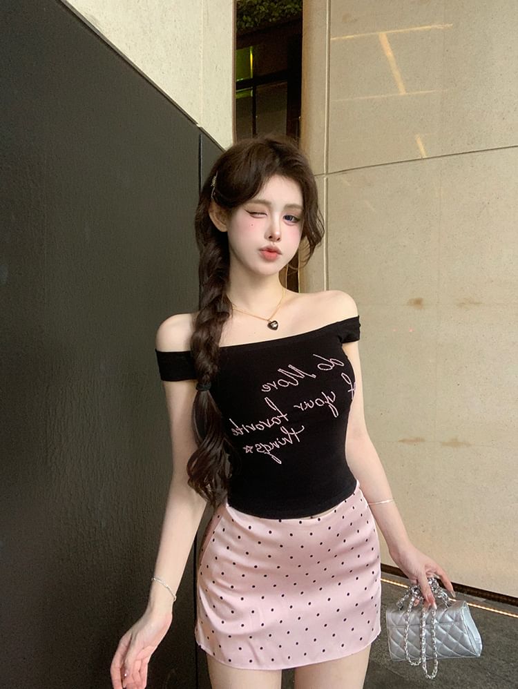 Slim Skirt Fit High Pencil Off-Shoulder Waist Tank Mini Lettering Top Embroidered Dotted /