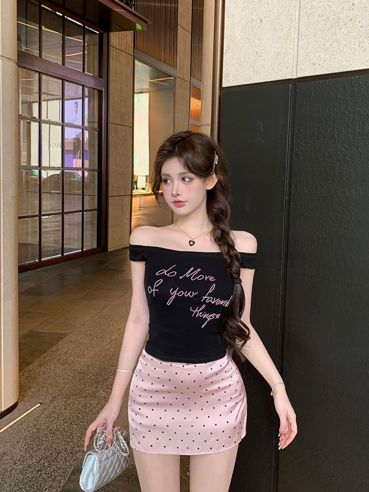 Slim Skirt Fit High Pencil Off-Shoulder Waist Tank Mini Lettering Top Embroidered Dotted /