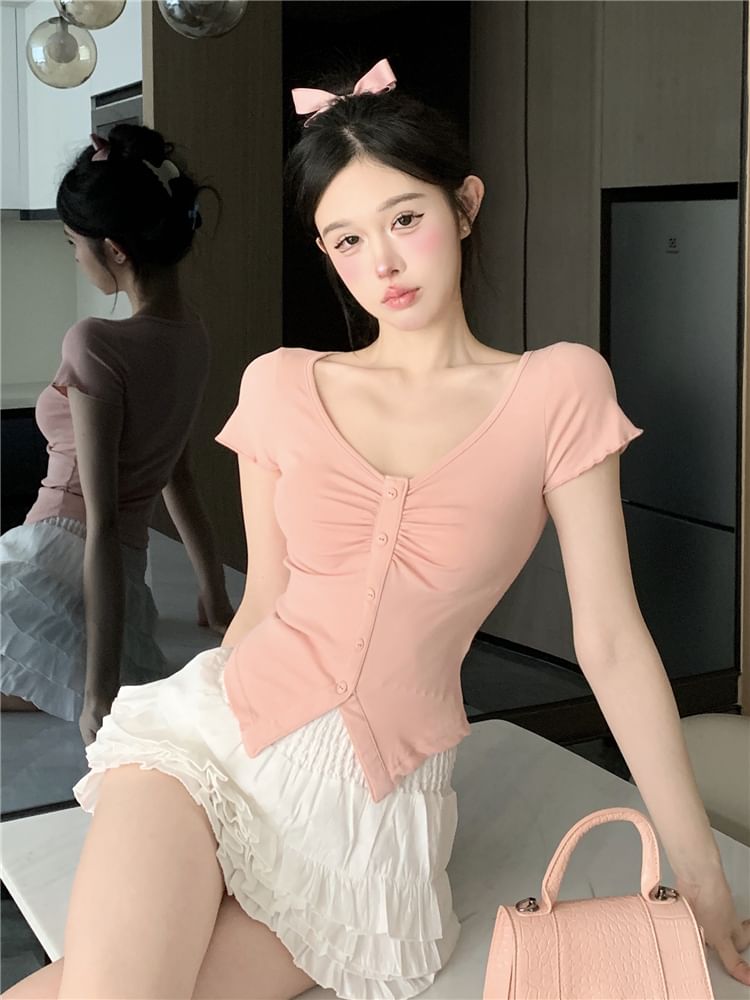 Plain Waist Ruched Skirt Crop V-Neck Tee / Mini Short-Sleeve Layered Frill Slit Trim A-Line High
