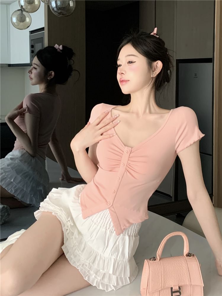 Plain Waist Ruched Skirt Crop V-Neck Tee / Mini Short-Sleeve Layered Frill Slit Trim A-Line High