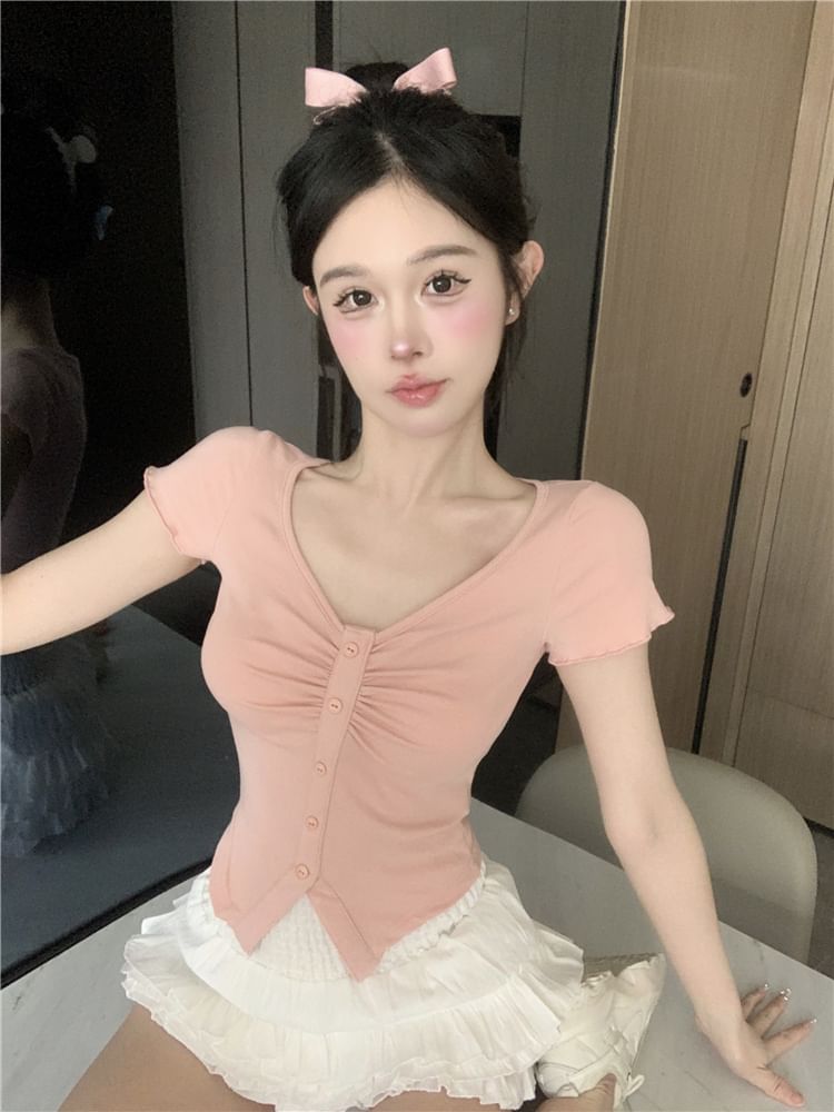 Plain Waist Ruched Skirt Crop V-Neck Tee / Mini Short-Sleeve Layered Frill Slit Trim A-Line High