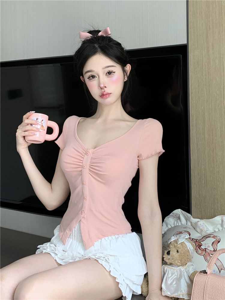 Plain Waist Ruched Skirt Crop V-Neck Tee / Mini Short-Sleeve Layered Frill Slit Trim A-Line High