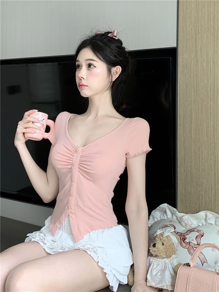 Plain Waist Ruched Skirt Crop V-Neck Tee / Mini Short-Sleeve Layered Frill Slit Trim A-Line High