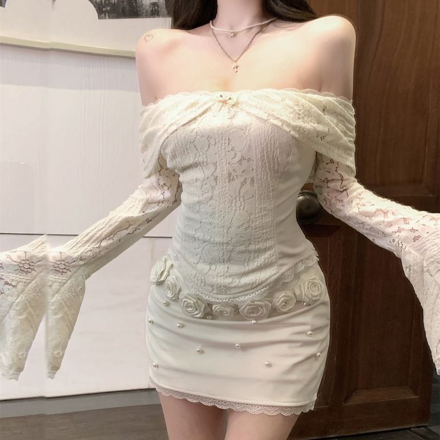 Fit Slim Rise Top / Off-Shoulder Panel Crop Pencil Floral Long-Sleeve Lace Skirt Accent Mini High