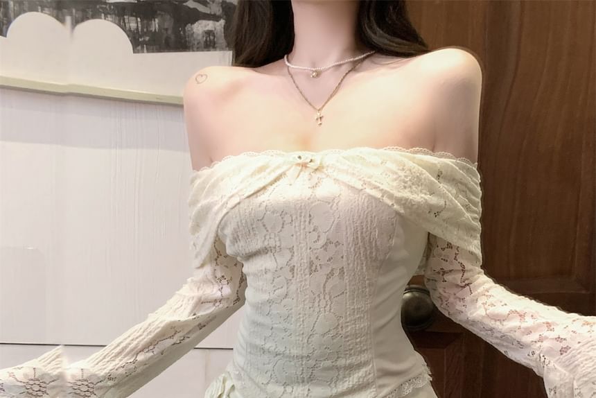 Fit Slim Rise Top / Off-Shoulder Panel Crop Pencil Floral Long-Sleeve Lace Skirt Accent Mini High