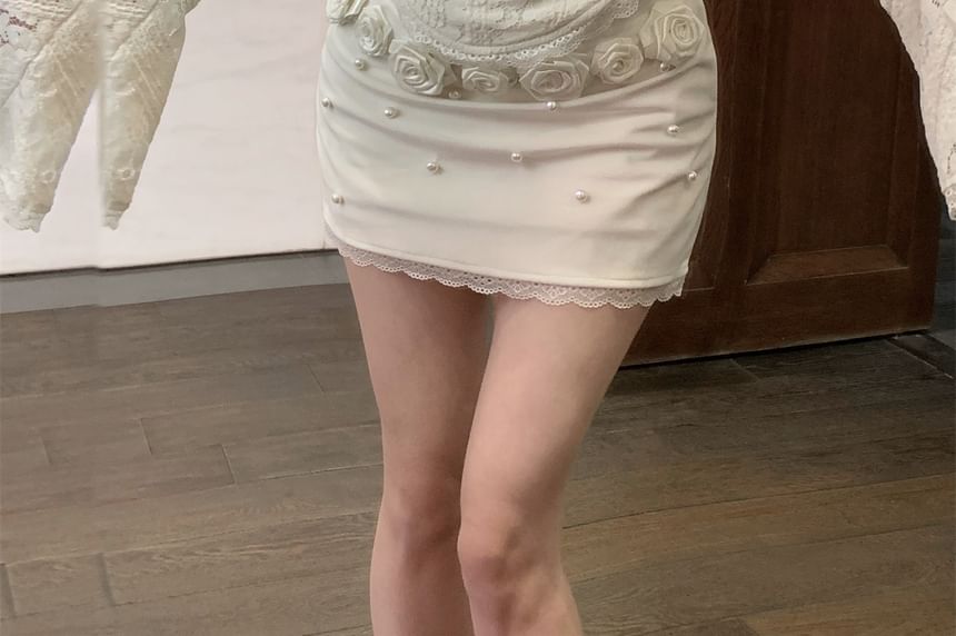 Fit Slim Rise Top / Off-Shoulder Panel Crop Pencil Floral Long-Sleeve Lace Skirt Accent Mini High